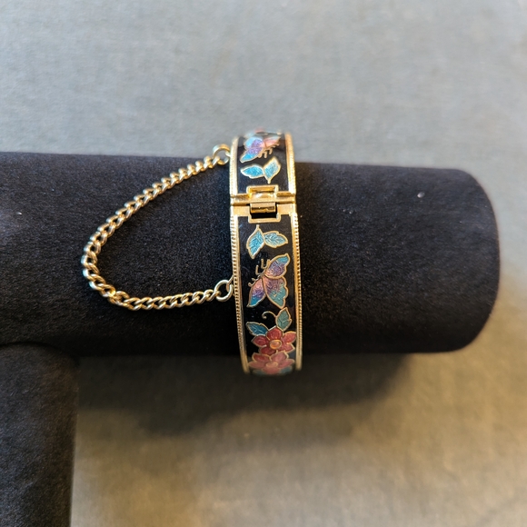 Vintage Floral Butterfly Enamel Cloisonne Bangle Bracelet in Black, Pink & Blue - Picture 2 of 6